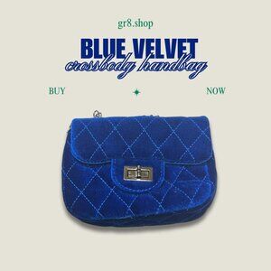 Blue Velvet Quilted Crossbody Handbag With Chain Strap & Gold-Tone Heart Charm